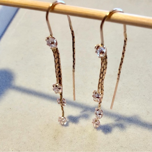 14K Rose Gold Drop Threader Earrings with Crystal Accents - Picture 4 of 5